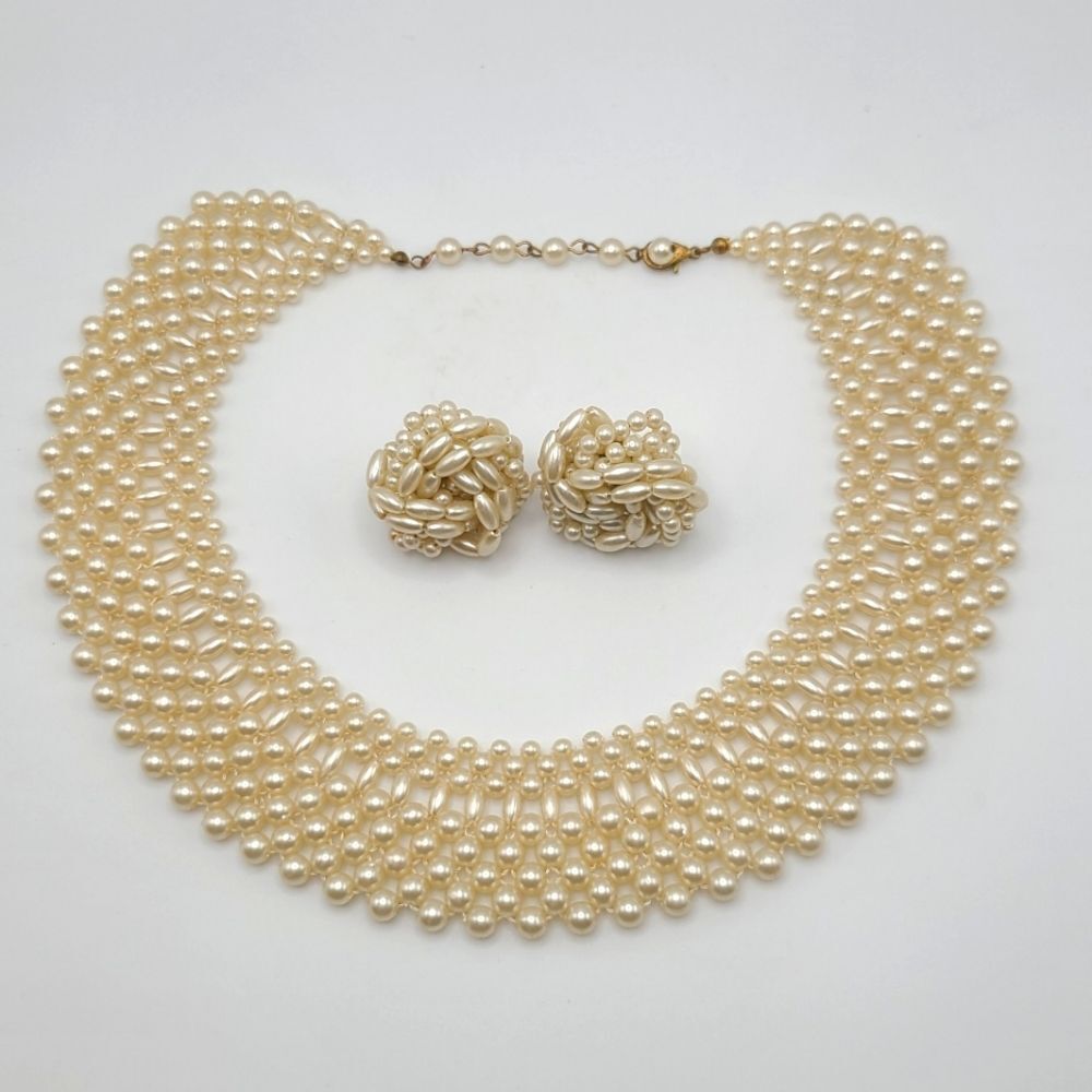 Vintage Bib collar necklace and matching earrings,  faux pearl